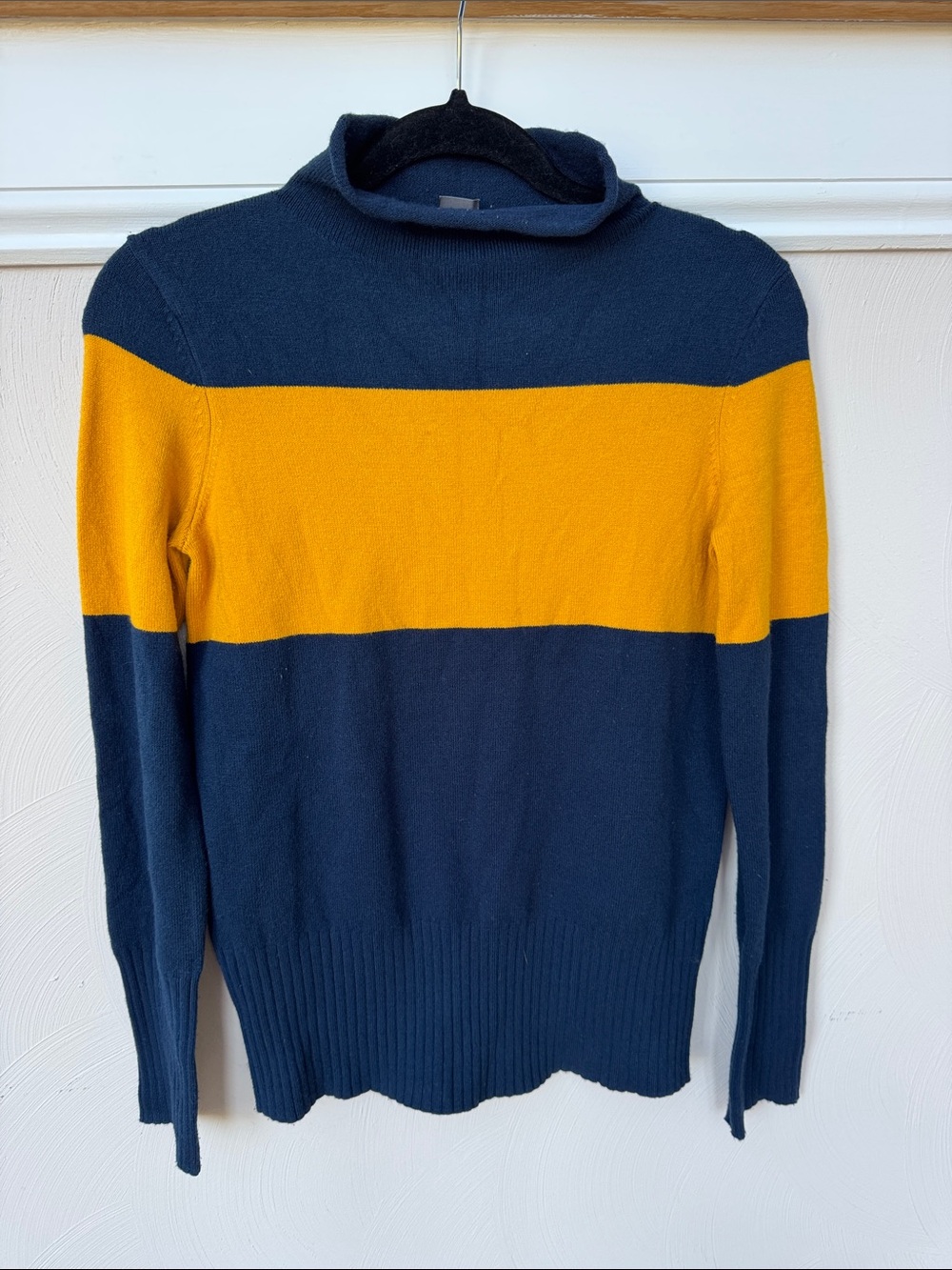 French Connection Navy and Mustard Stripe Turtleneck Sweater